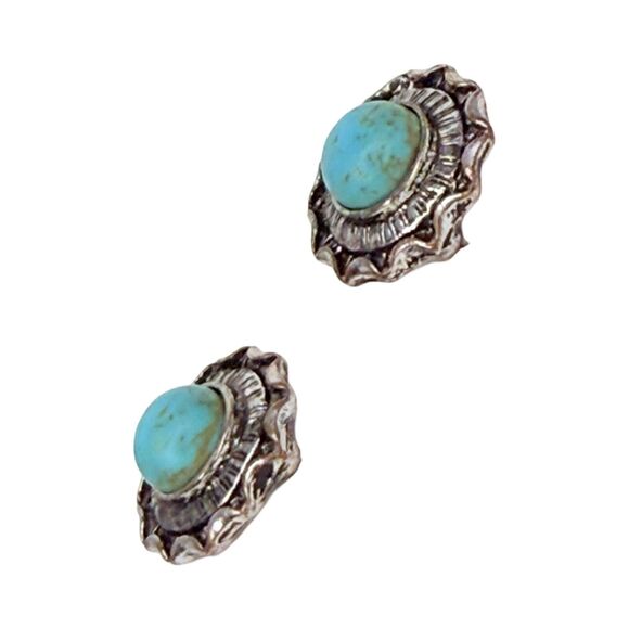 Silver Tone Faux Turquoise Stud Earrings Button Native Style Southwestern - Picture 6 of 8